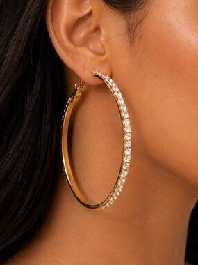Gold Crystal Rhinestone Hoop Earrings  Women | Large Statement Fashion Jewelry